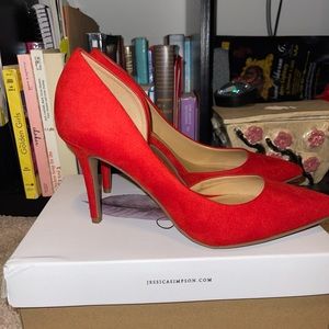 Red Micro Suede Jessica Simpson Pumps. Worn once for 2 hours indoors.